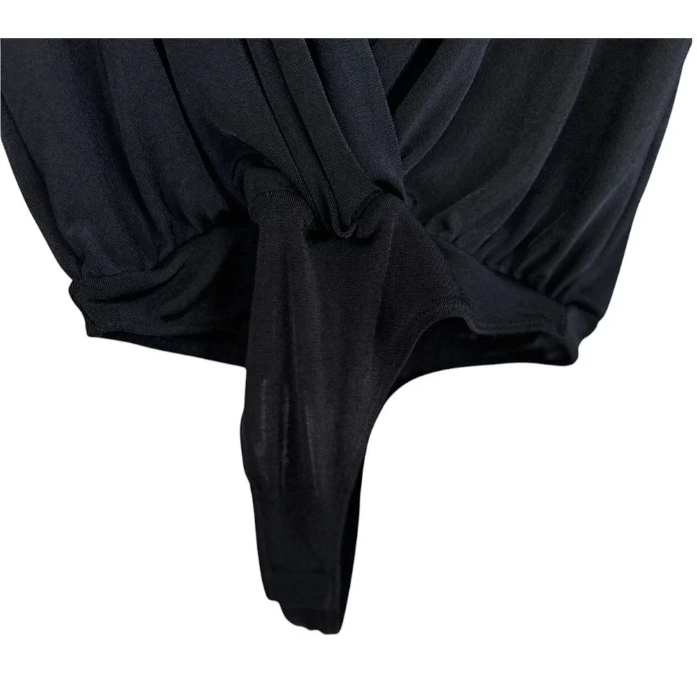 INTIMATELY FREE PEOPLE Black Thick Knit TURNT BODYSUIT TOP Deep V-Neck Thong S
